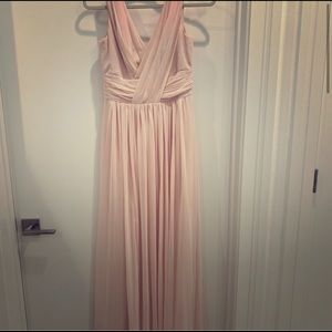 Dessy chiffon blush v neck dress with slit
